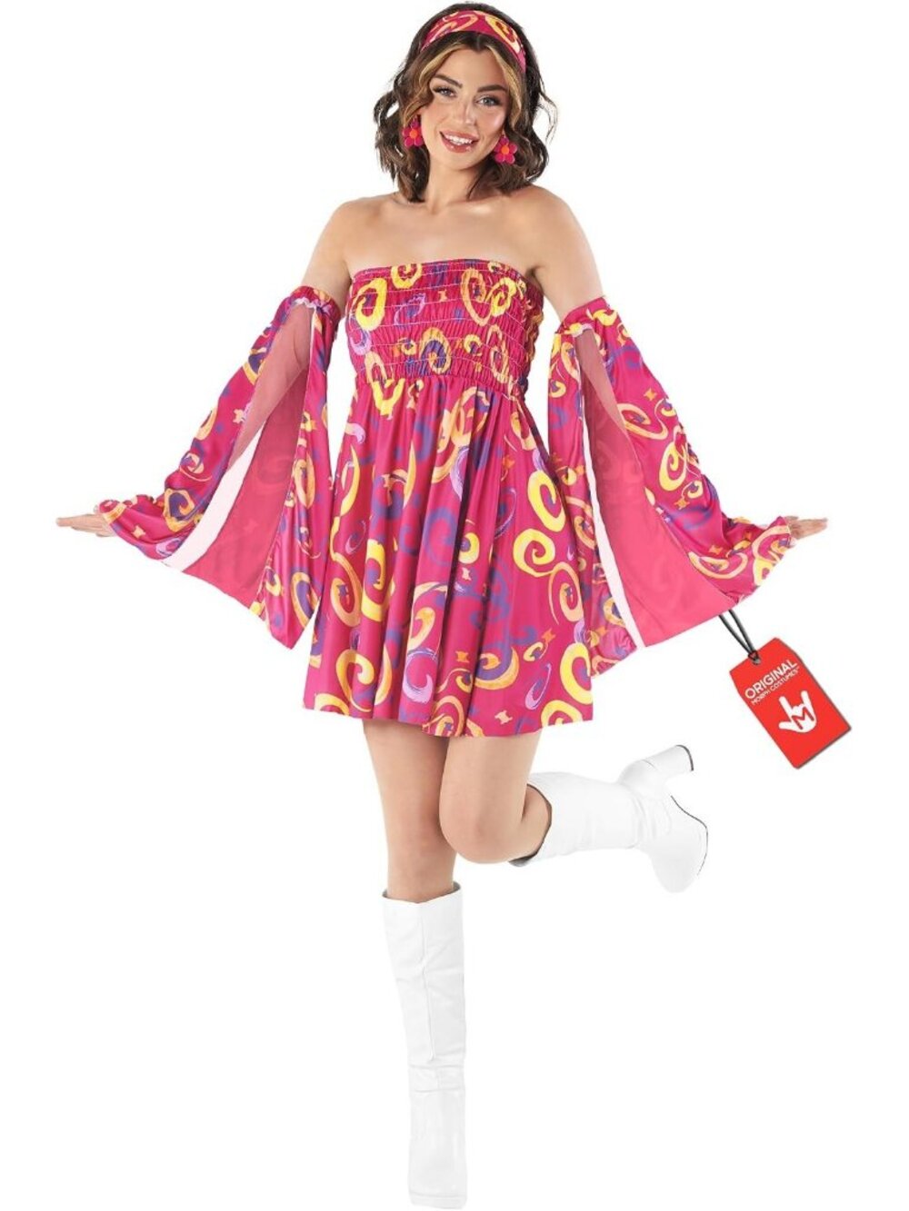 Women's Pink 70s Dress Halloween Costume with Detachable Arm Sleeve Stylish Mini